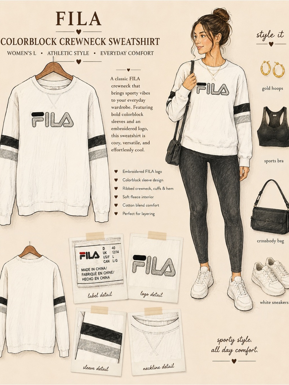 Fila White Crewneck Sweater with Black & Gray Sleeve Stripes